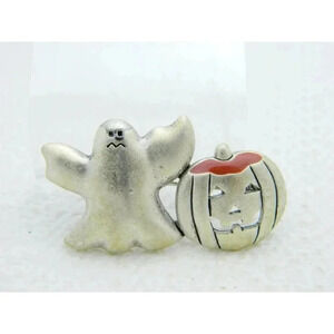 Vintage Halloween Silver Ghost Enamel Pumpkin Darlene Group Pin Brooch